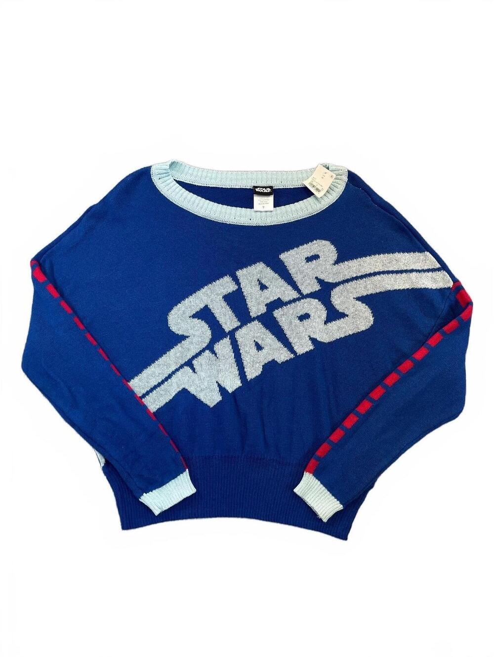Star Wars Knit Sweater Womens Medium Blue Wide Neck Long Sleeve Red Stripe